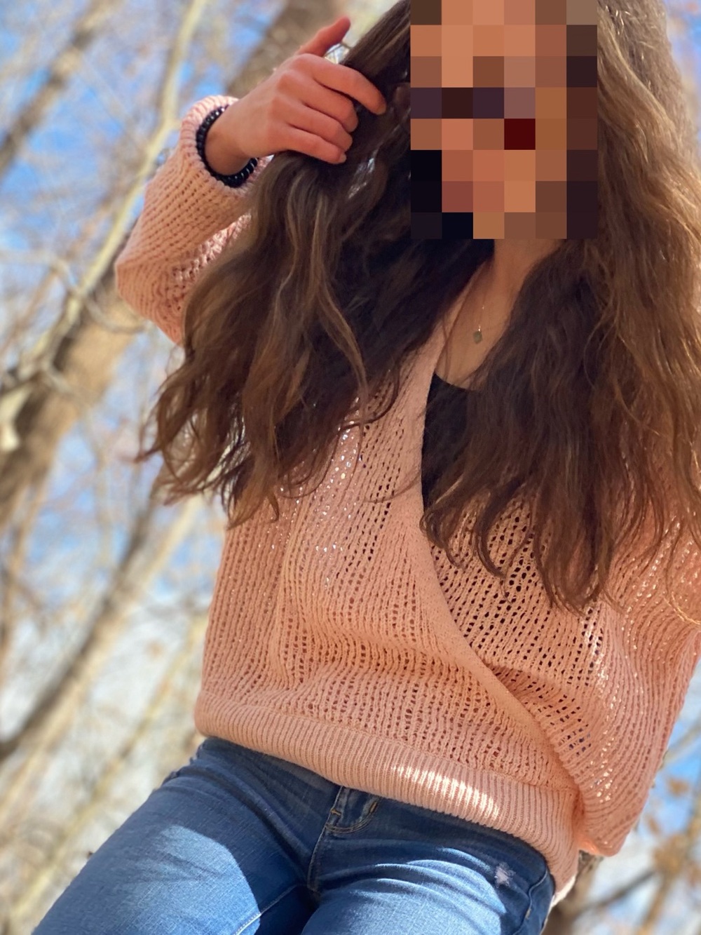 Billabong Open-Weave Light Pink Wrap Front Sweater